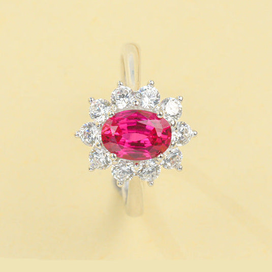 S925 Sterling Silver Lab Ruby Sunflower Ring for Women, Vintage Versatile Premium - Photo 1