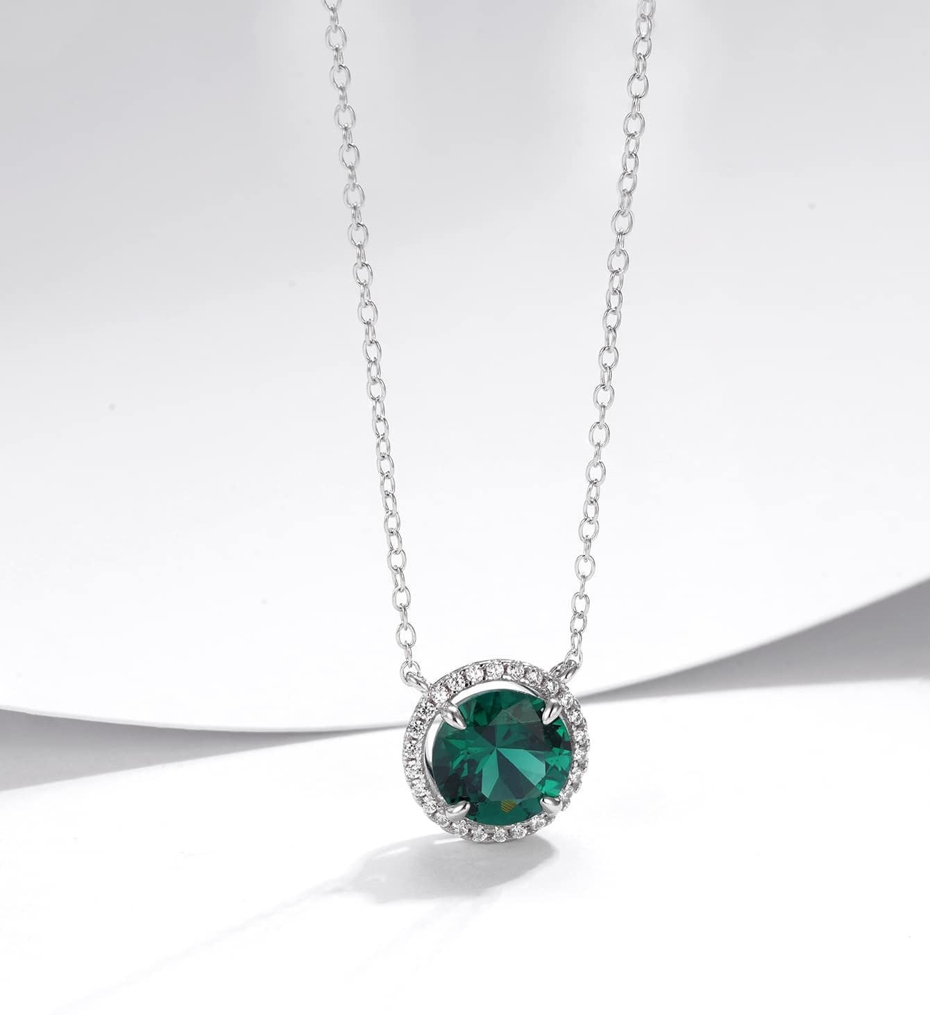 S925 Silver Round Diamond Halo Lab Emerald Pendant Necklace, Premium Holiday Gift - Photo 6