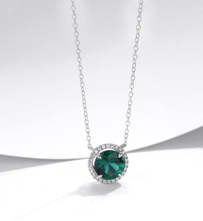 S925 Silver Round Diamond Halo Lab Emerald Pendant Necklace, Premium Holiday Gift - Photo 6