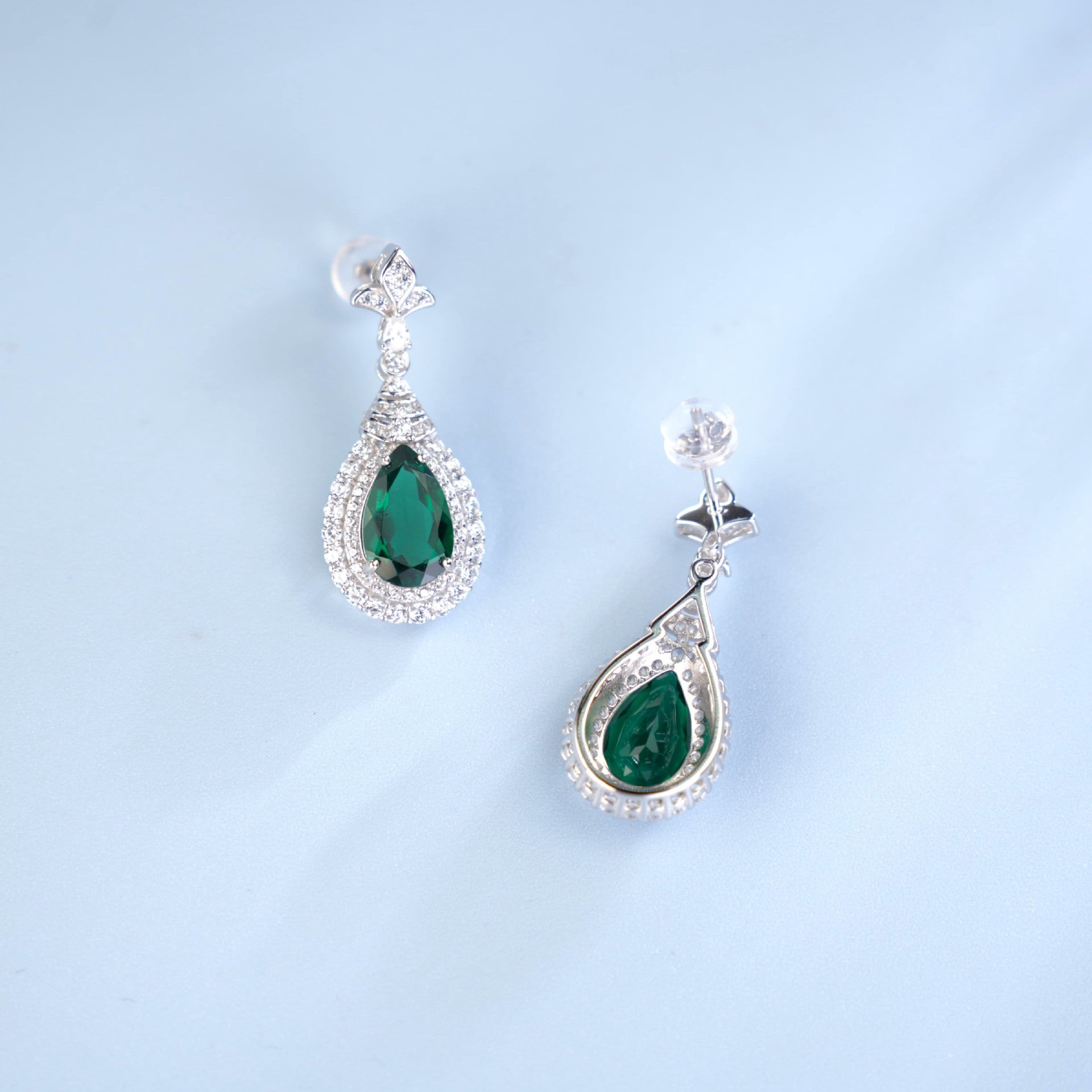 S925 Sterling Silver Lab Emerald Stud Earrings, Teardrop Sparkling Diamond - Photo 2