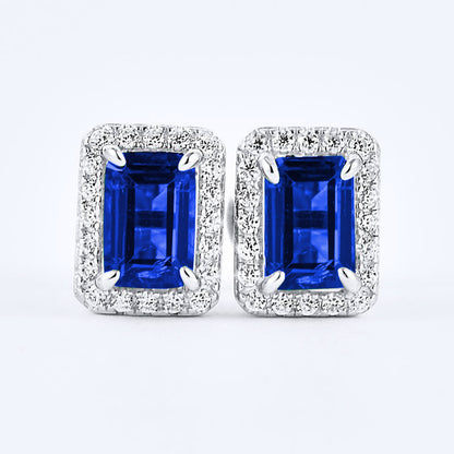 S925 Silver Emerald-Cut Sapphire Stud Earrings Square Halo, Simple Versatile - Photo 2