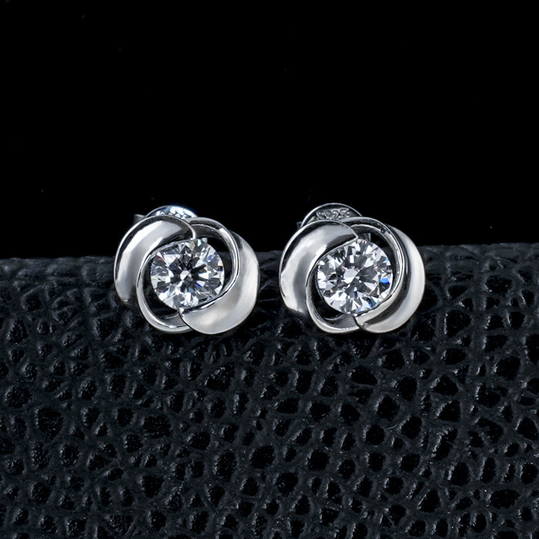 S925 Silver Spinning Rose Lab Diamond Stud Earrings, Flower Diamond Earrings - Photo 2