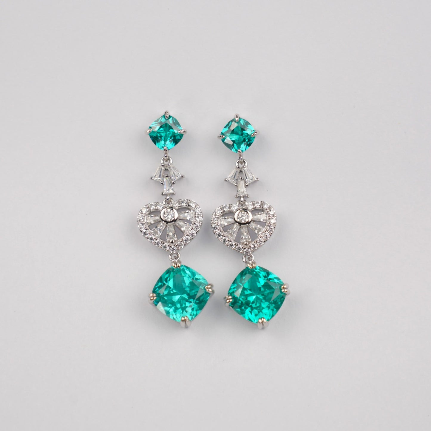 S925 Silver Lab Paraiba Tsavorite Heart Hollow Drop Long Evening Earrings - Photo 3