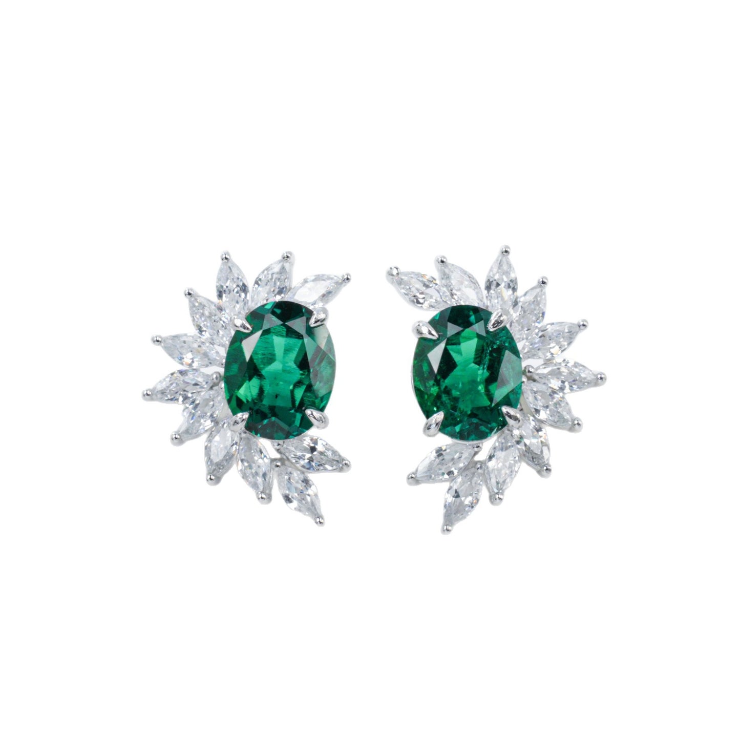 S925 Silver Oval Lab Emerald Sunflower Stud Earrings, Premium Evening - Photo 5