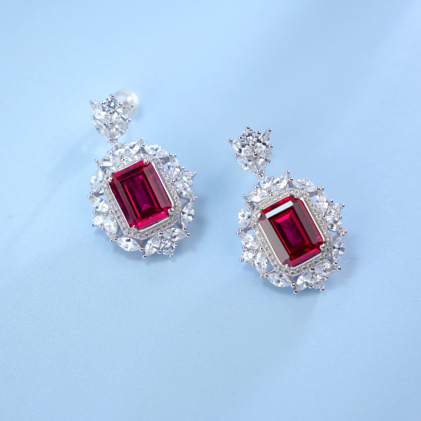 S925 Sterling Silver Lab Pigeon Blood Corundum Vintage Earrings Drop Stud - Photo 2