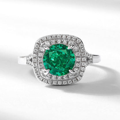 S925 Sterling Silver Lab Emerald Ring Double-Layer Full Diamond Halo Adjustable, Gift - Photo 6