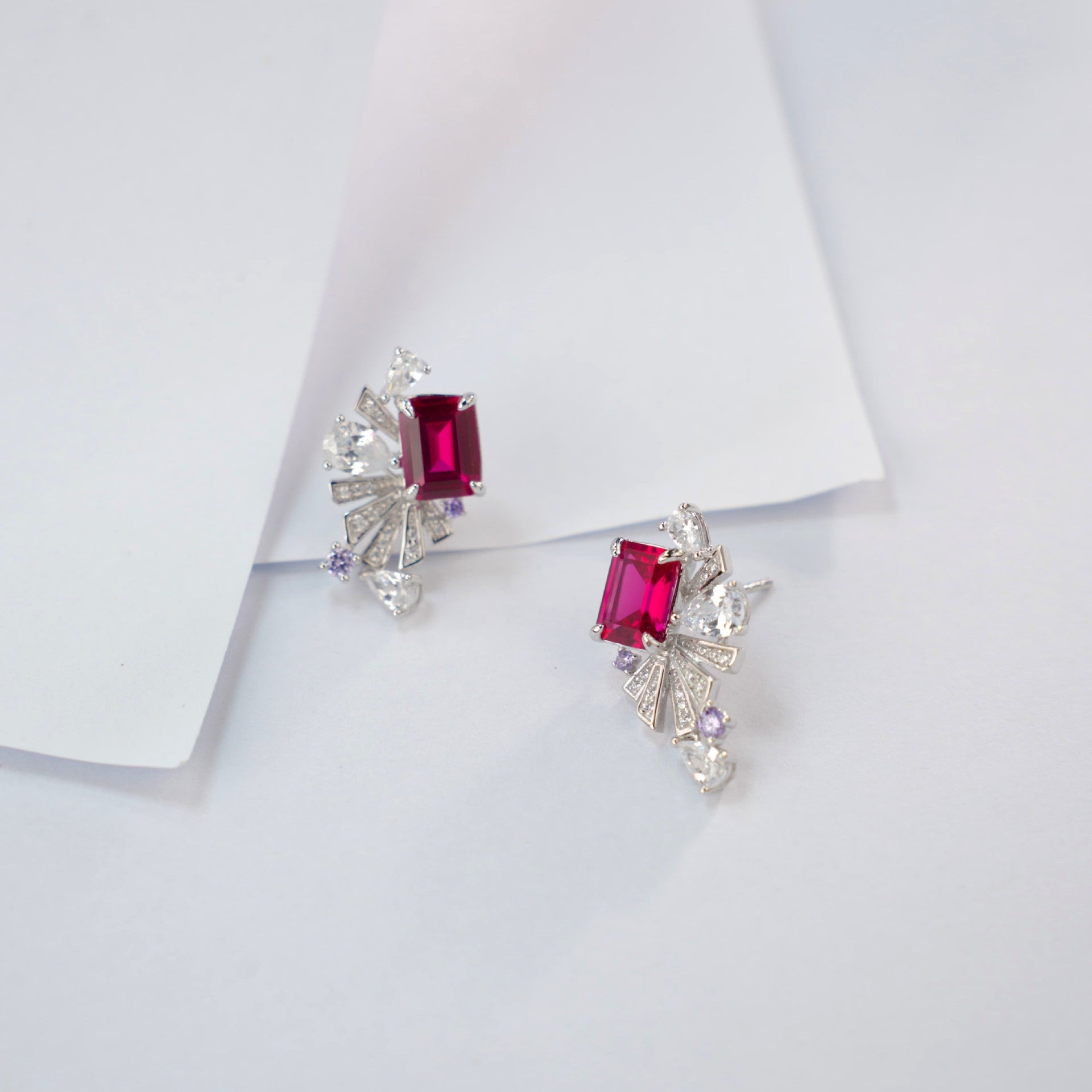 S925 Lab Ruby Fan Earrings, Vintage Earrings - Photo 2