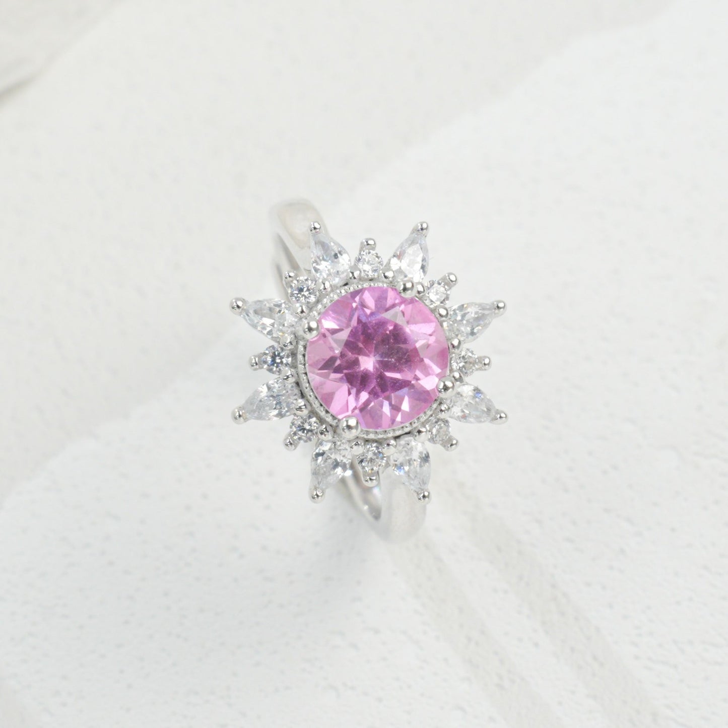 S925 Sterling Silver Gemstone Sunflower Halo Adjustable Open Ring, Versatile - Photo 2