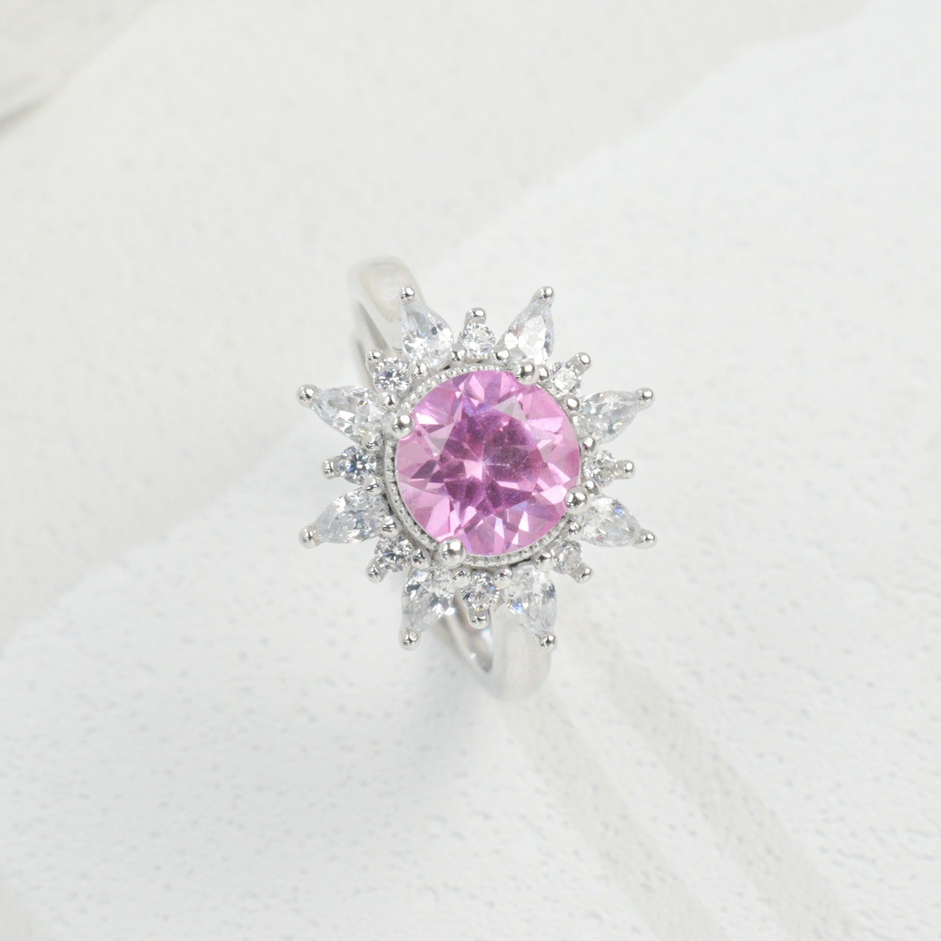S925 Sterling Silver Gemstone Sunflower Halo Adjustable Open Ring, Versatile - Photo 2
