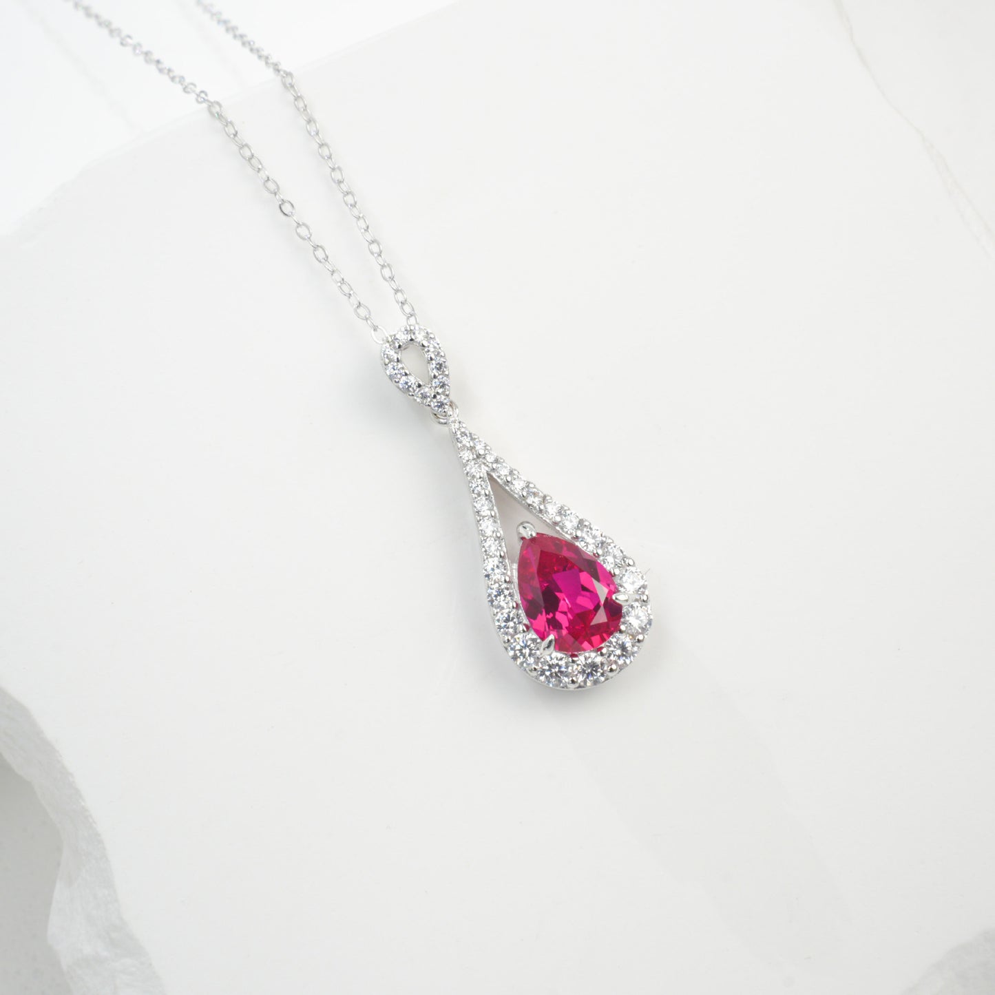 S925 Sterling Silver Lab Ruby Teardrop Necklace for Women, French - Photo 3