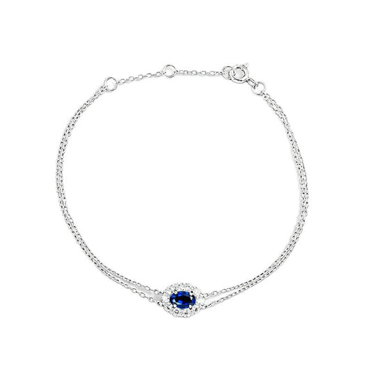 S925 Silver Double-Layer Slim Chain Oval Lab Sapphire Diana Halo Bracelet, Versatile Slim - Photo 5
