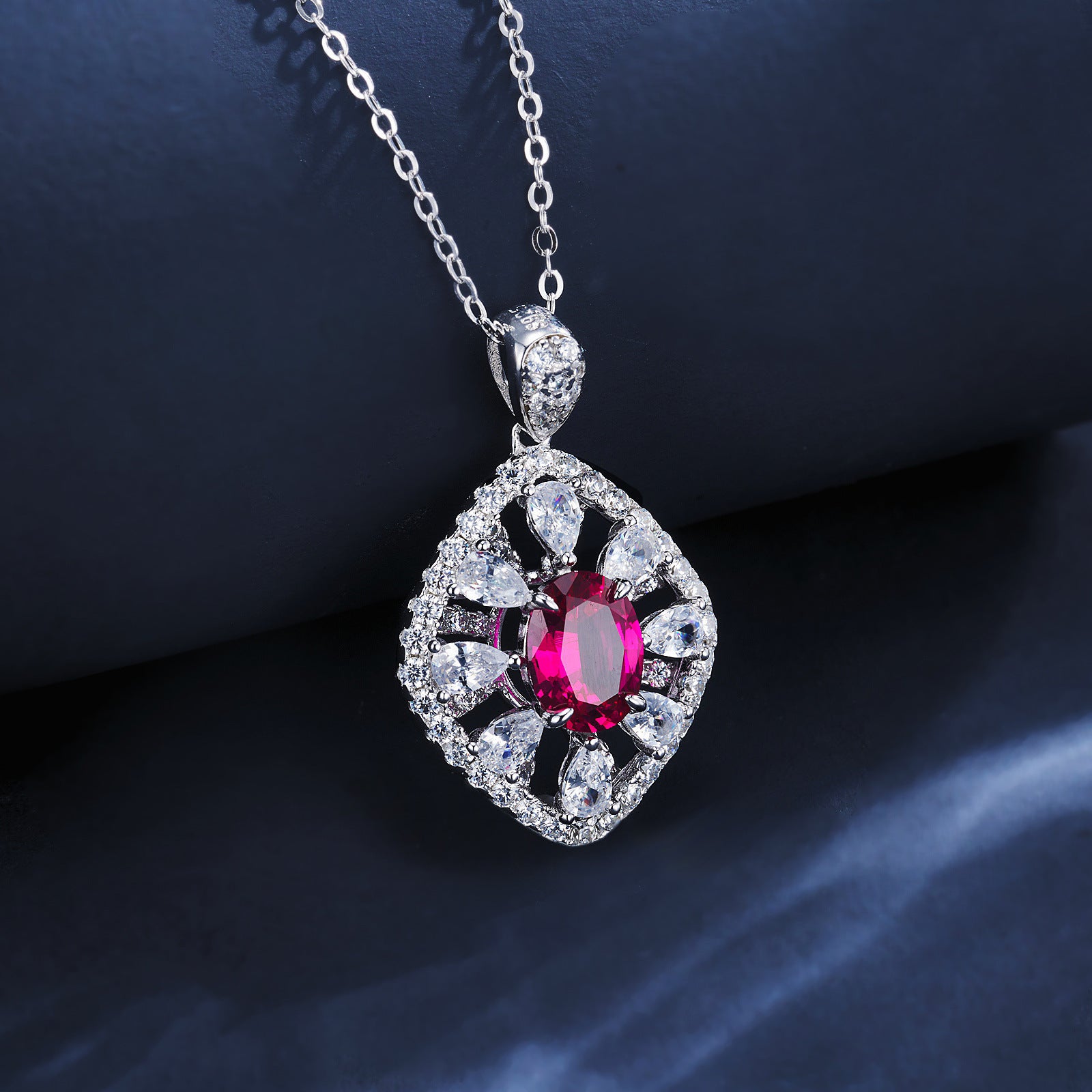S925 Silver Necklace Pigeon Blood Ruby Pendant Diamond Chain, Sparkling Vintage Holiday - Photo 2