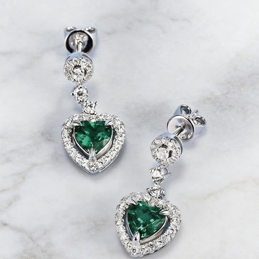 S925 Sterling Silver Lab Emerald Heart Halo Long Drop Earrings, for Women - Photo 3