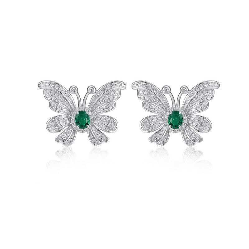 Lab Emerald S925 Silver Stud Earrings, Butterfly Vintage Premium - Photo 1