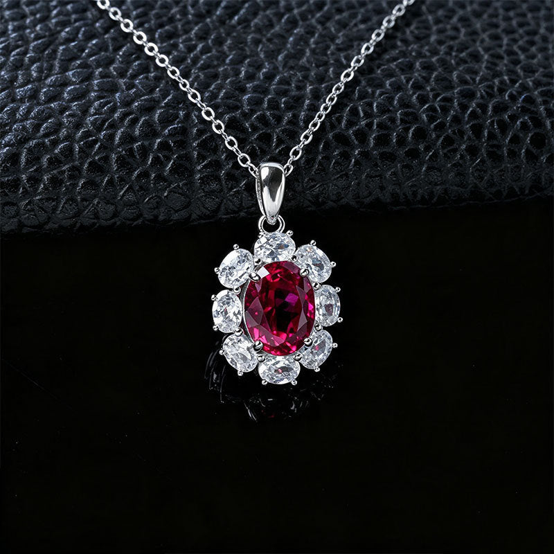 S925 Silver Oval Lab Ruby Sunflower Diamond Necklace - Photo 4