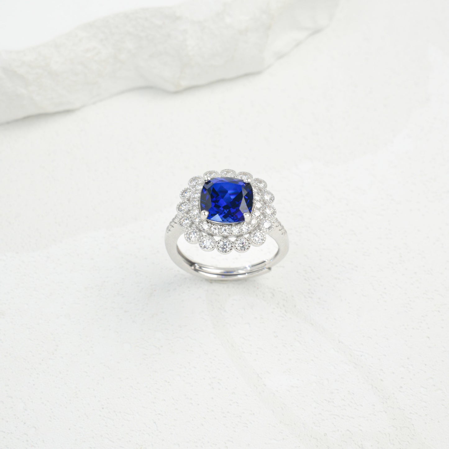 S925 Sterling Silver Lab Sapphire Cushion Halo Ring, Valentine Birthday Gift for Girlfriend - Photo 4