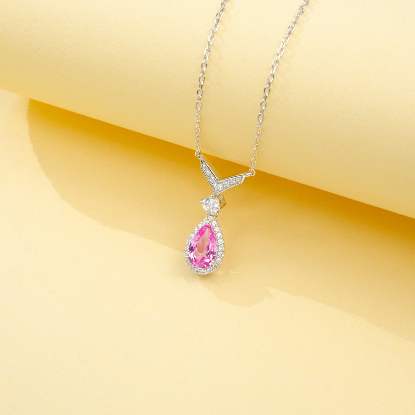 S925 Sterling Silver Lab Padparadscha Teardrop V-Shape Pave Pendant Necklace, Date for Women - Photo 4