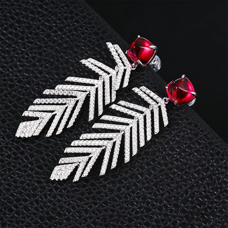 S925 Sterling Silver Sugarloaf-Cut coloured Gemstone Feather Earrings, Evening for Women - Photo 4