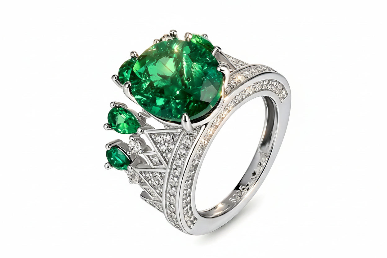 S925 Sterling Silver Crown Emerald Ring, Gemstone Halo Design - Photo 1