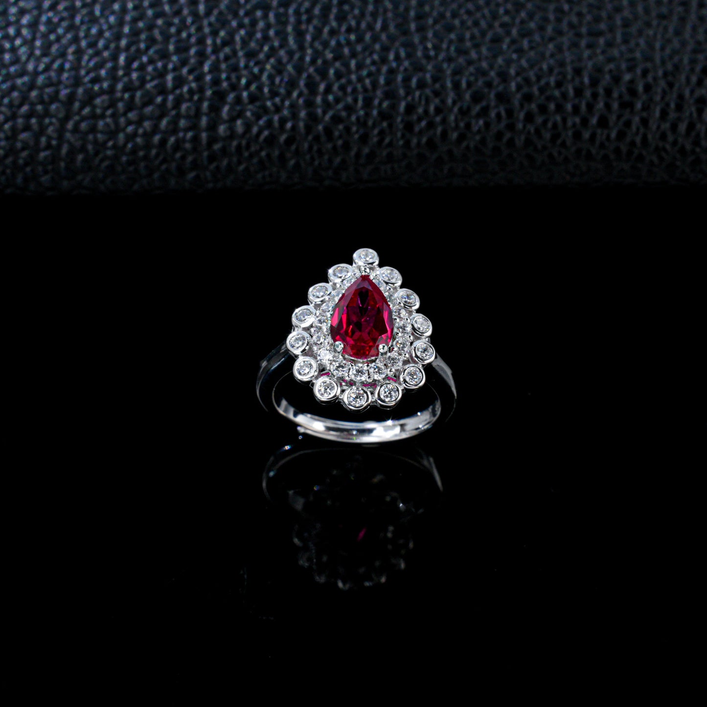 S925 Silver Teardrop Lab Ruby Ring, Teardrop Diamond Halo - Photo 3