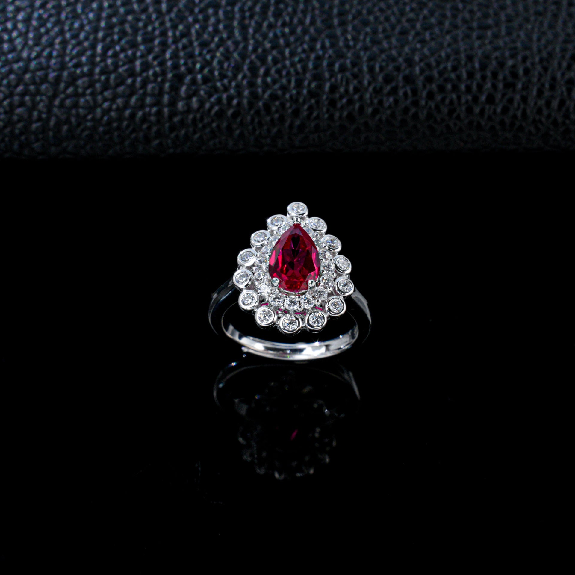 S925 Silver Teardrop Lab Ruby Ring, Teardrop Diamond Halo - Photo 3