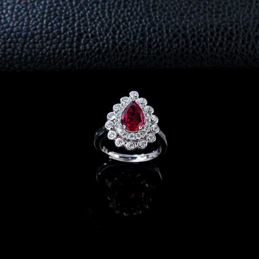 S925 Silver Teardrop Lab Ruby Ring, Teardrop Diamond Halo - Photo 3