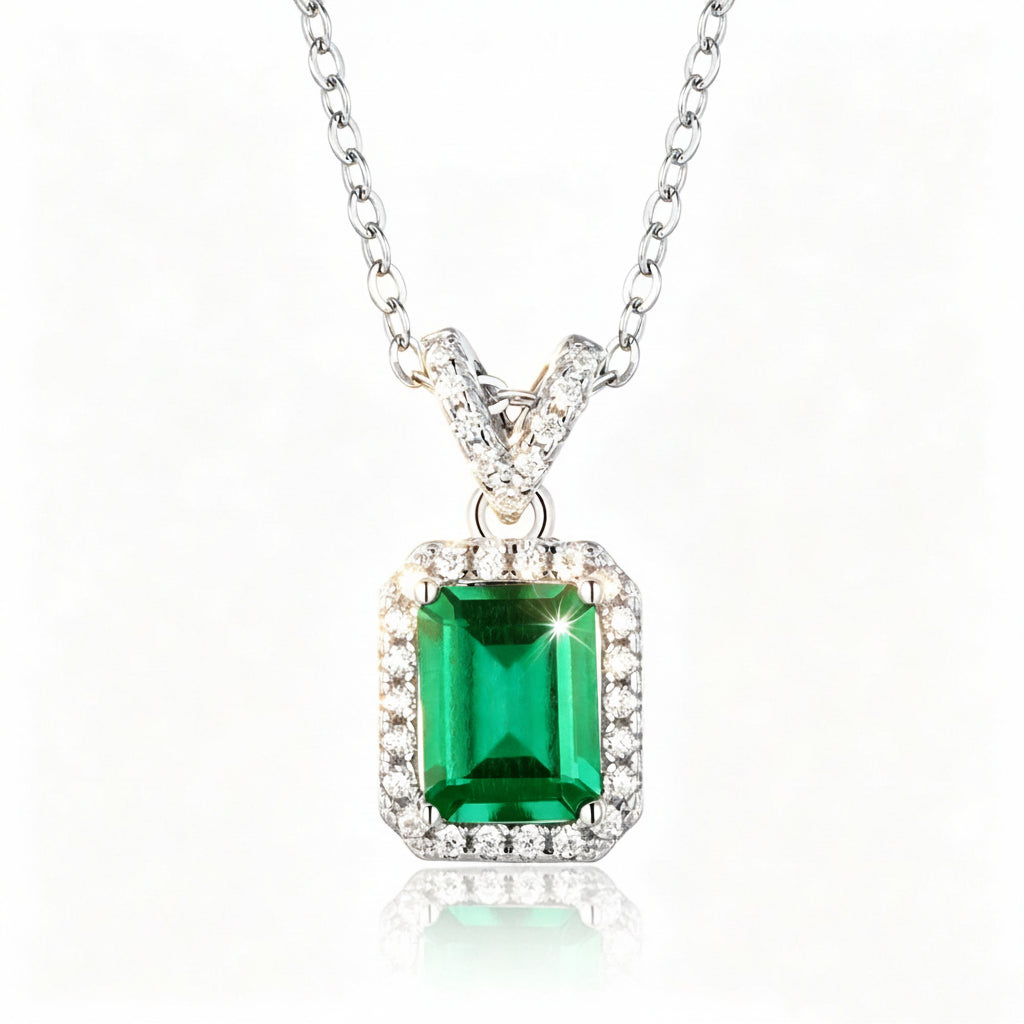 S925 Sterling Silver Classic Square Halo Emerald Necklace, Versatile Vintage Simple - Photo 1