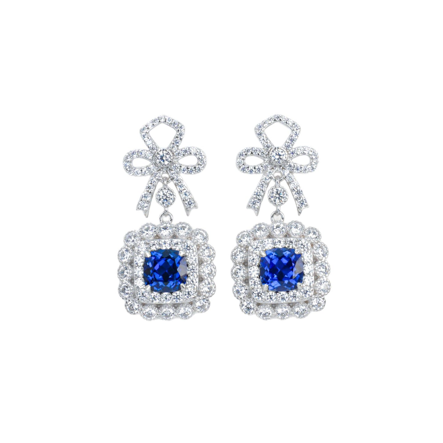 S925 Silver Full Diamond Bow Drop Earrings, Square Halo Lab - Photo 5