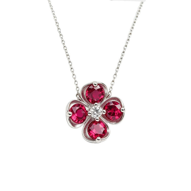 S925 Silver Four-Leaf Clover Flower Lab Ruby Pendant Necklace, Versatile Birthday Valentines - Photo 5