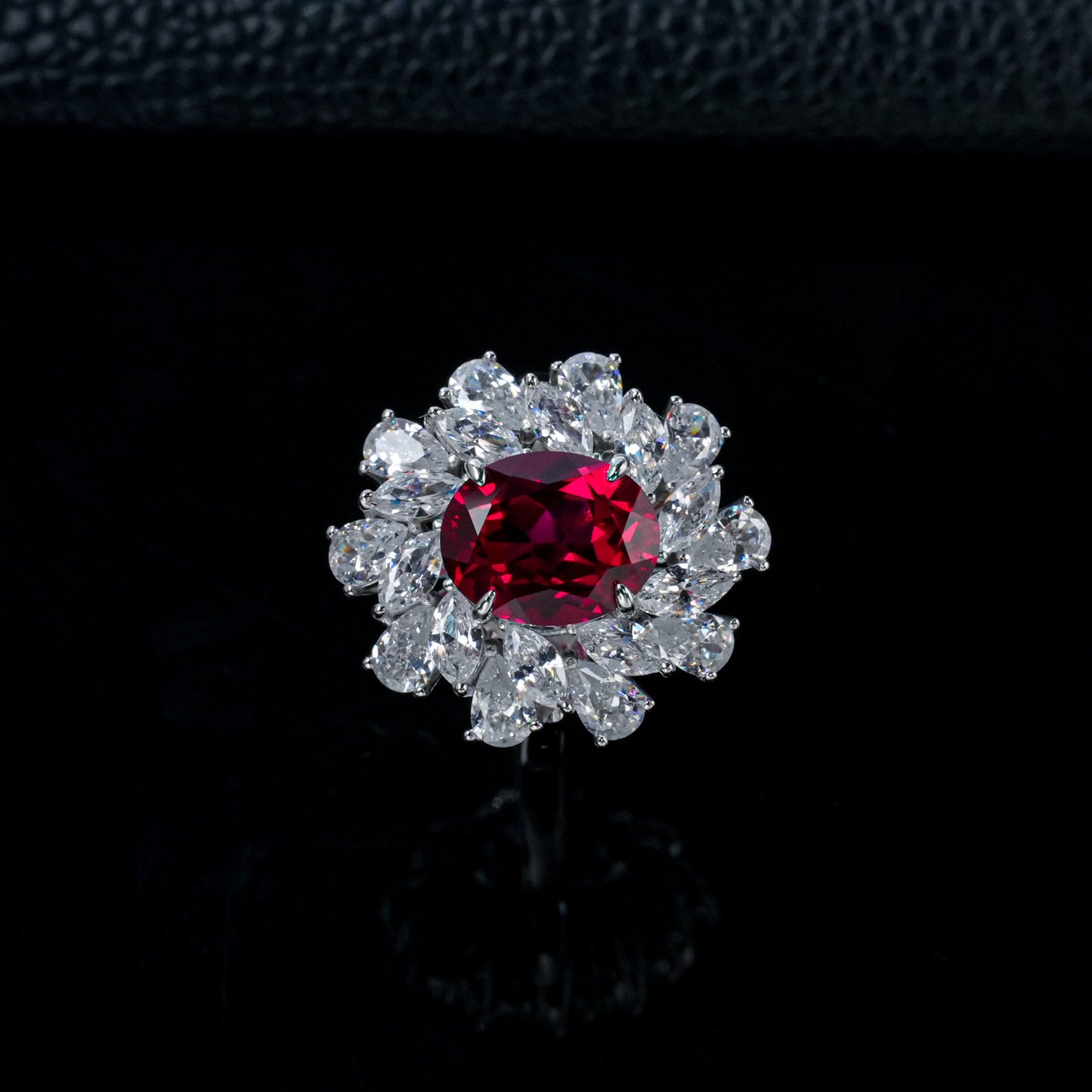 S925 Sterling Silver Oval Lab Ruby Sunflower Ring, Blooming Flower - Photo 2