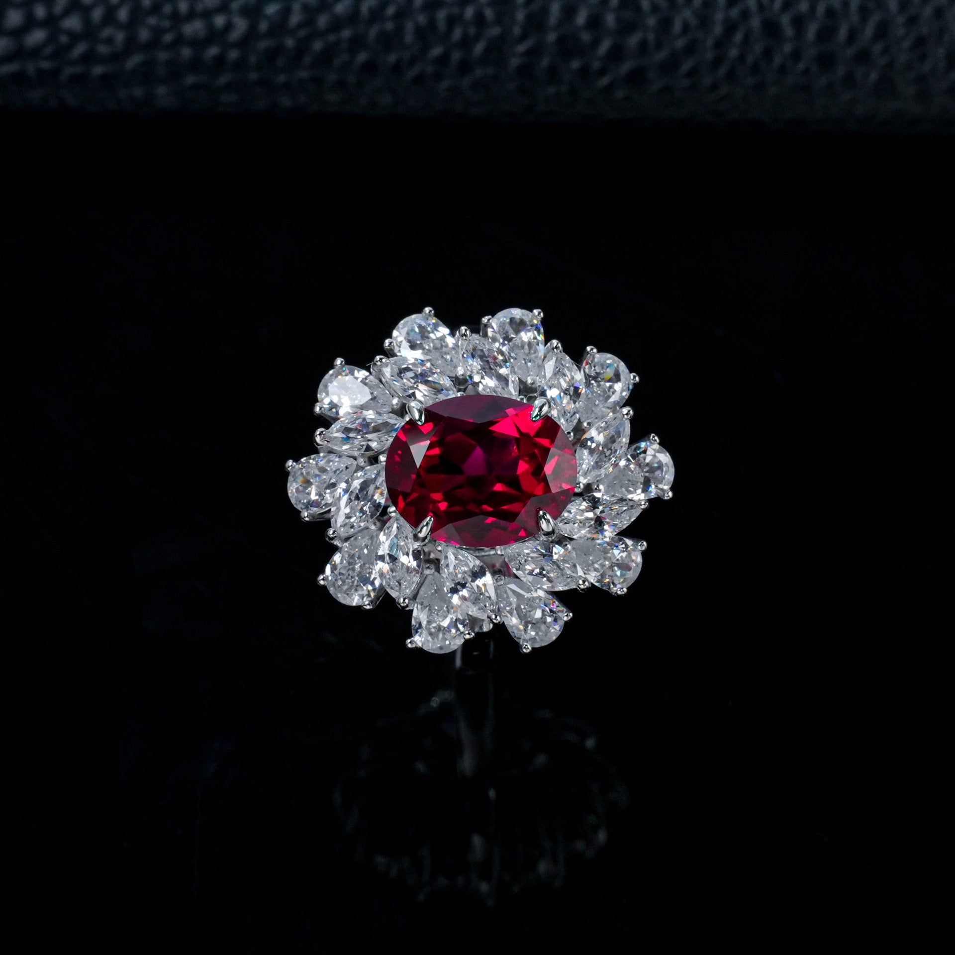 S925 Sterling Silver Oval Lab Ruby Sunflower Ring, Blooming Flower - Photo 2