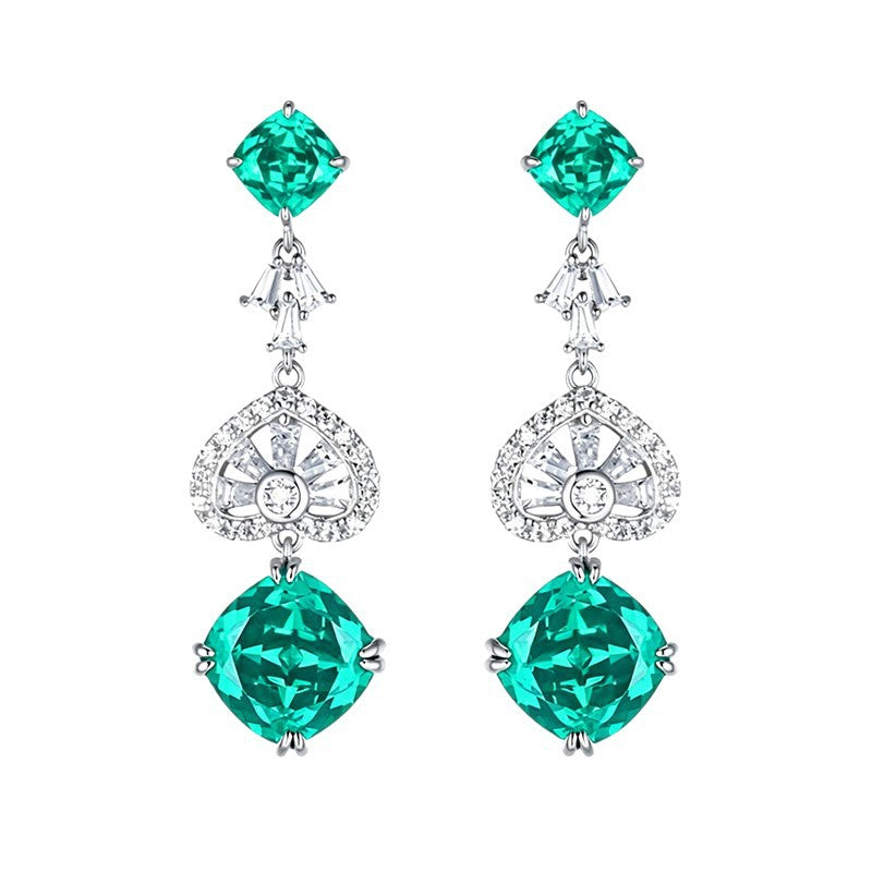 S925 Silver Lab Paraiba Tsavorite Heart Hollow Drop Long Evening Earrings - Photo 5