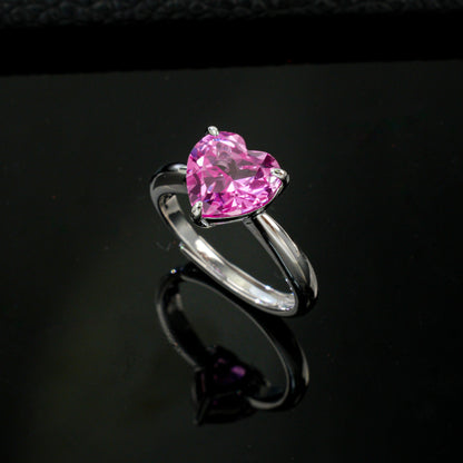 S925 Silver Heart Pink Diamond Simple Solitaire Girly coloured Gemstone Women's Ring - Photo 2