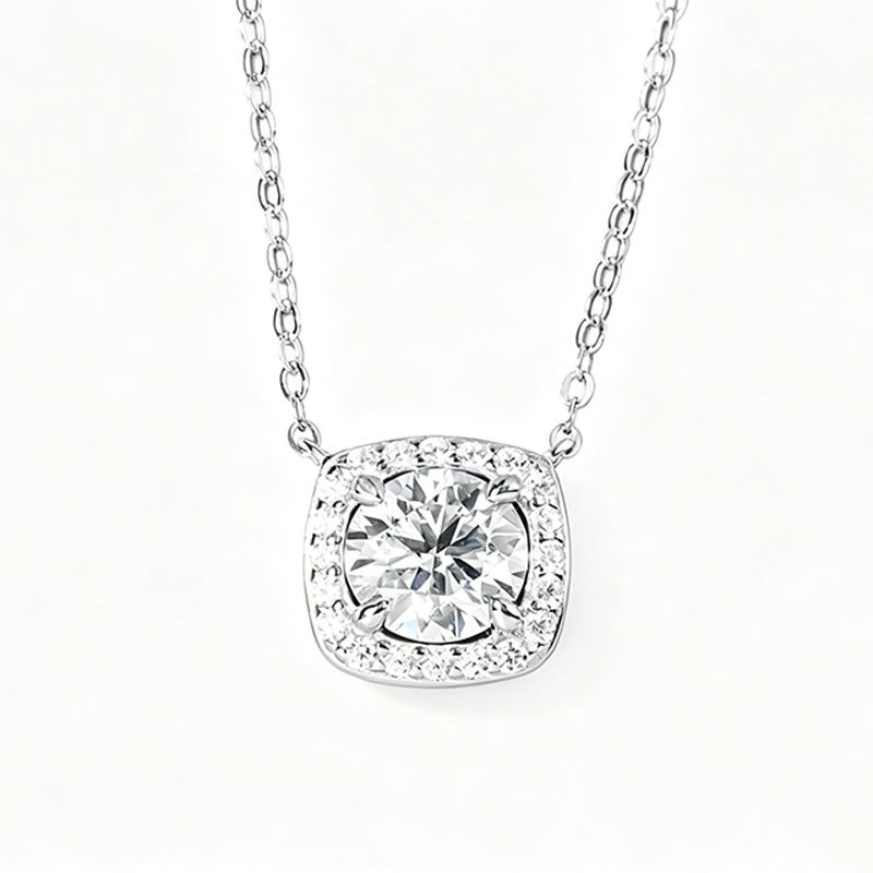 S925 Silver Cushion Square Halo Necklace, Simple Pendant Birthday - Photo 5