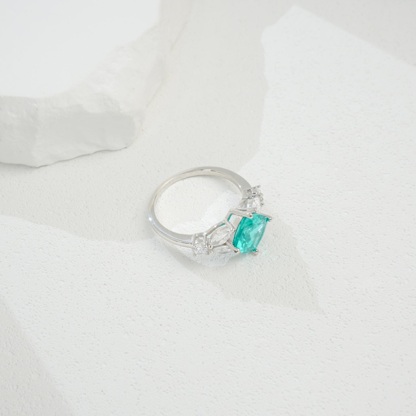 925 Sterling Silver White-Gold Paraiba Pave Open Ring, Elegant - Photo 4