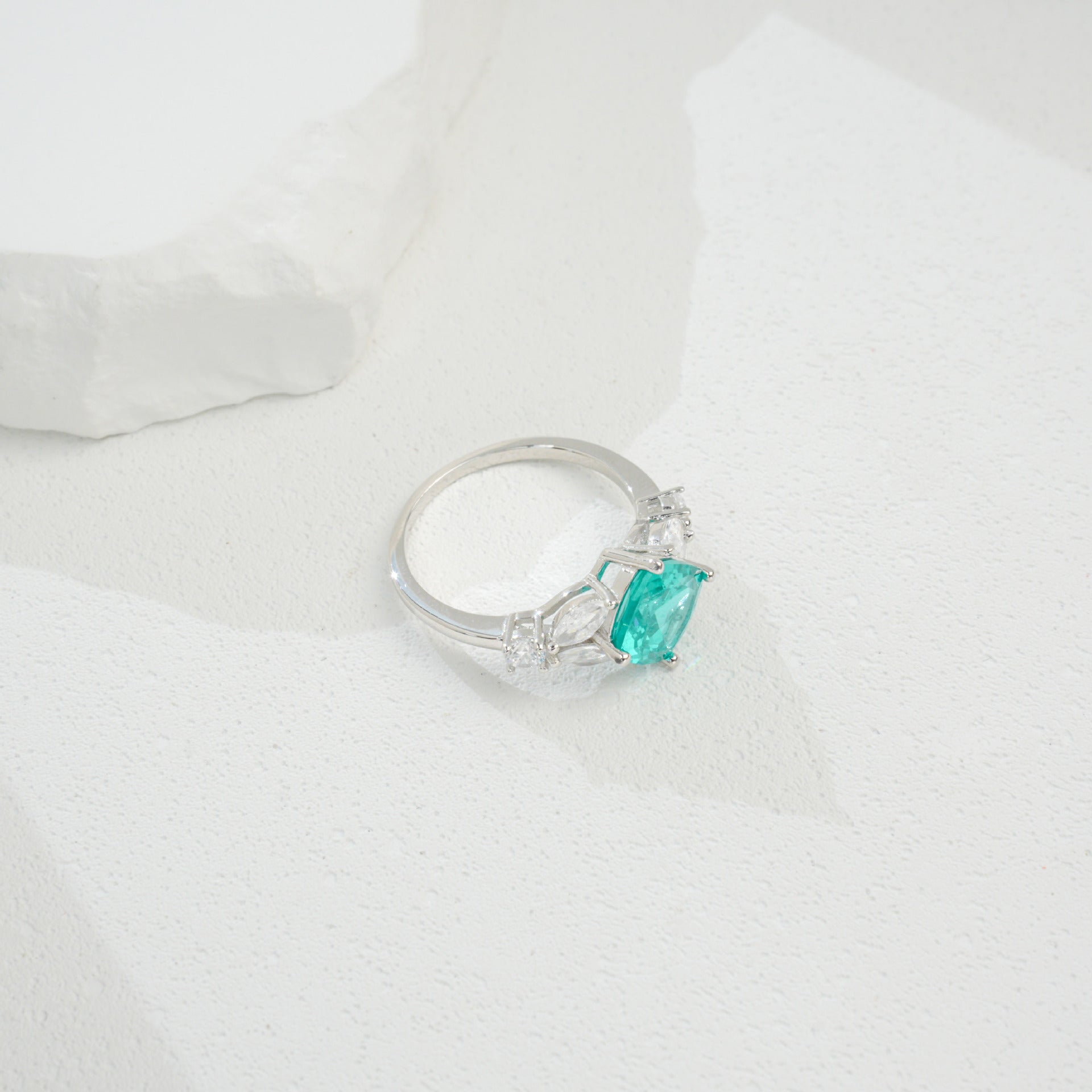 925 Sterling Silver White-Gold Paraiba Pave Open Ring, Elegant - Photo 4