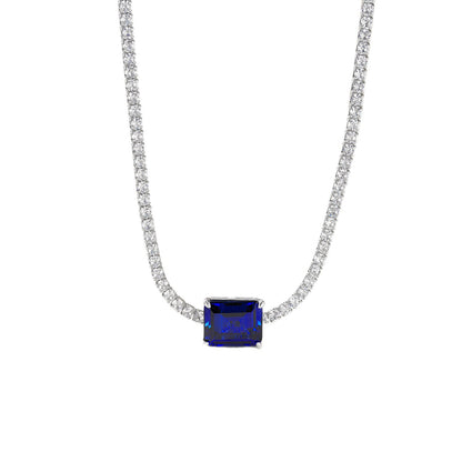 S925 Sterling Silver Lab Sapphire Necklace Rectangle Step-Cut Centre Full Diamond, Premium Valentine Gift - Photo 5