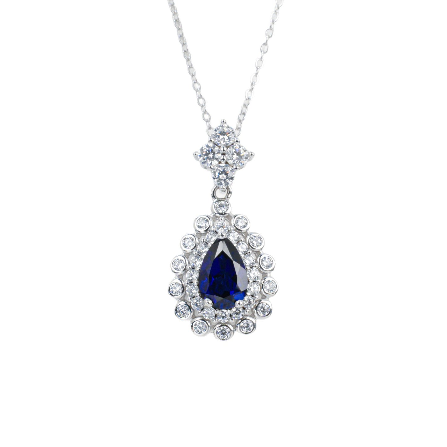 S925 Silver Royal Blue Lab Sapphire Teardrop Halo Necklace, Premium - Photo 5