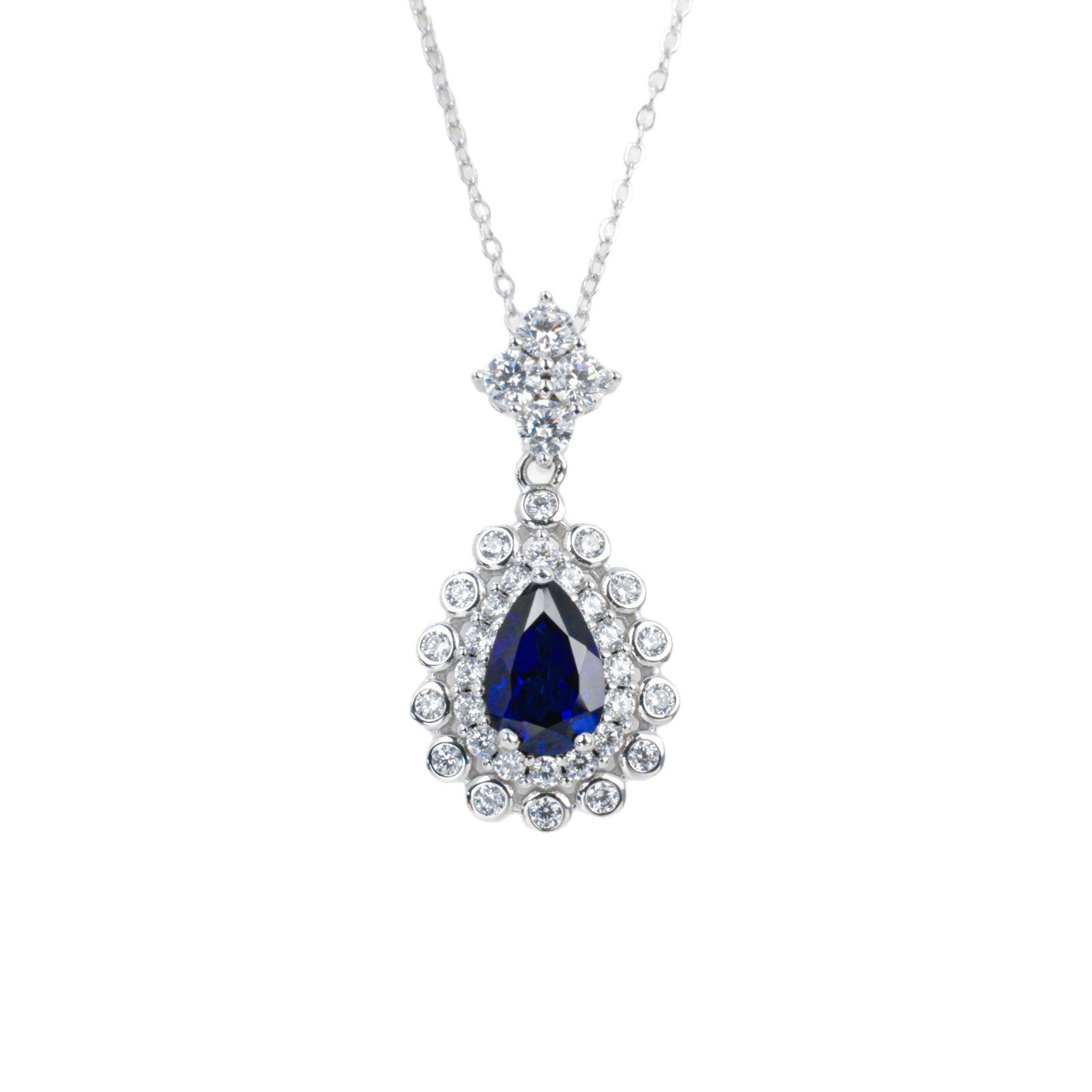 S925 Silver Royal Blue Lab Sapphire Teardrop Halo Necklace, Premium - Photo 5