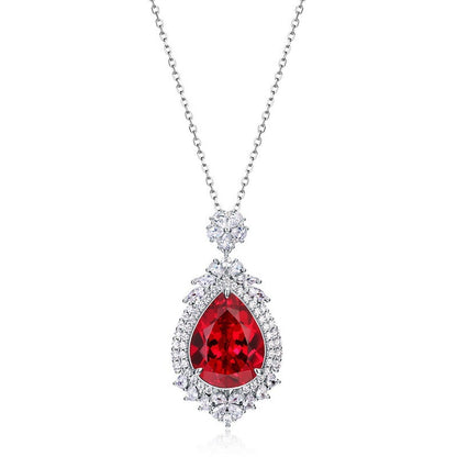 S925 Sterling Silver Lab Ruby Teardrop Necklace, Diamond Halo Choker - Photo 5