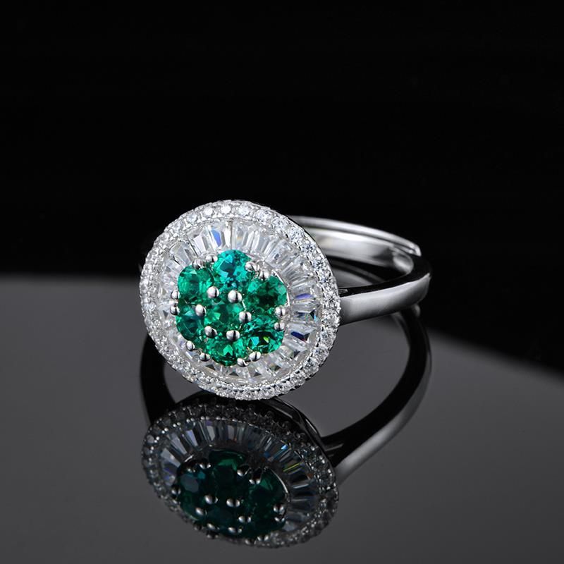 S925 Silver Cluster Emerald Flower Ring, Diamond, Vintage - Photo 3