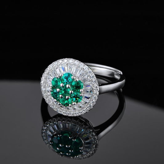 S925 Silver Cluster Emerald Flower Ring, Diamond, Vintage - Photo 3