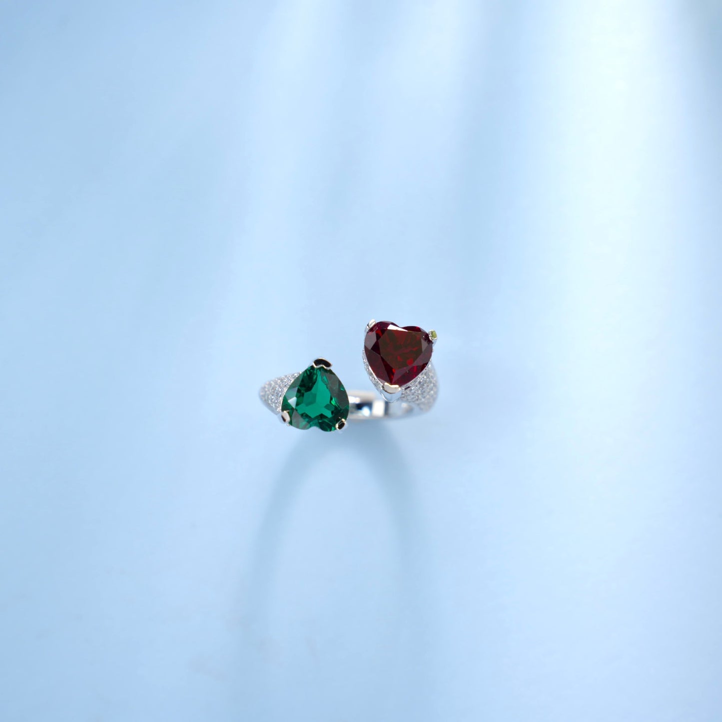 925 Silver Red-Green Heart Ring, Versatile Heart Open - Photo 3