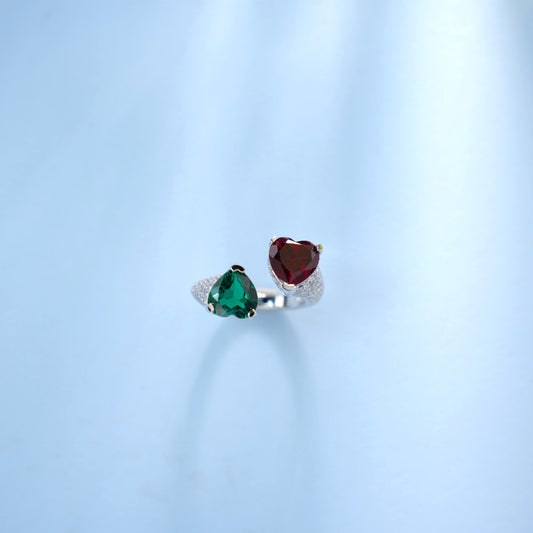 925 Silver Red-Green Heart Ring, Versatile Heart Open - Photo 3