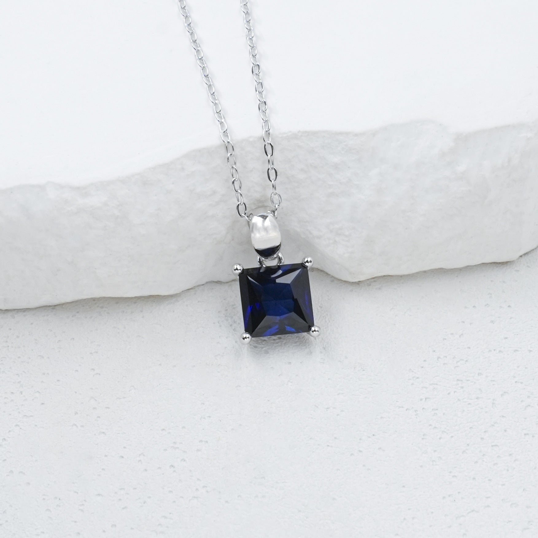 S925 Silver Square Lab Sapphire Simple Solitaire Versatile Women's Choker - Photo 5