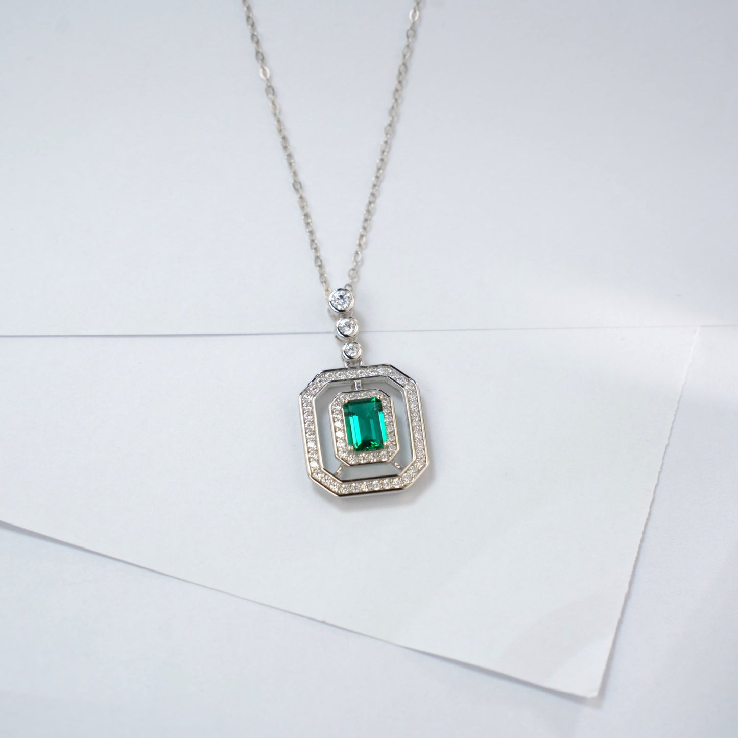 S925 Silver Lab Emerald Necklace Square Premium - Photo 4