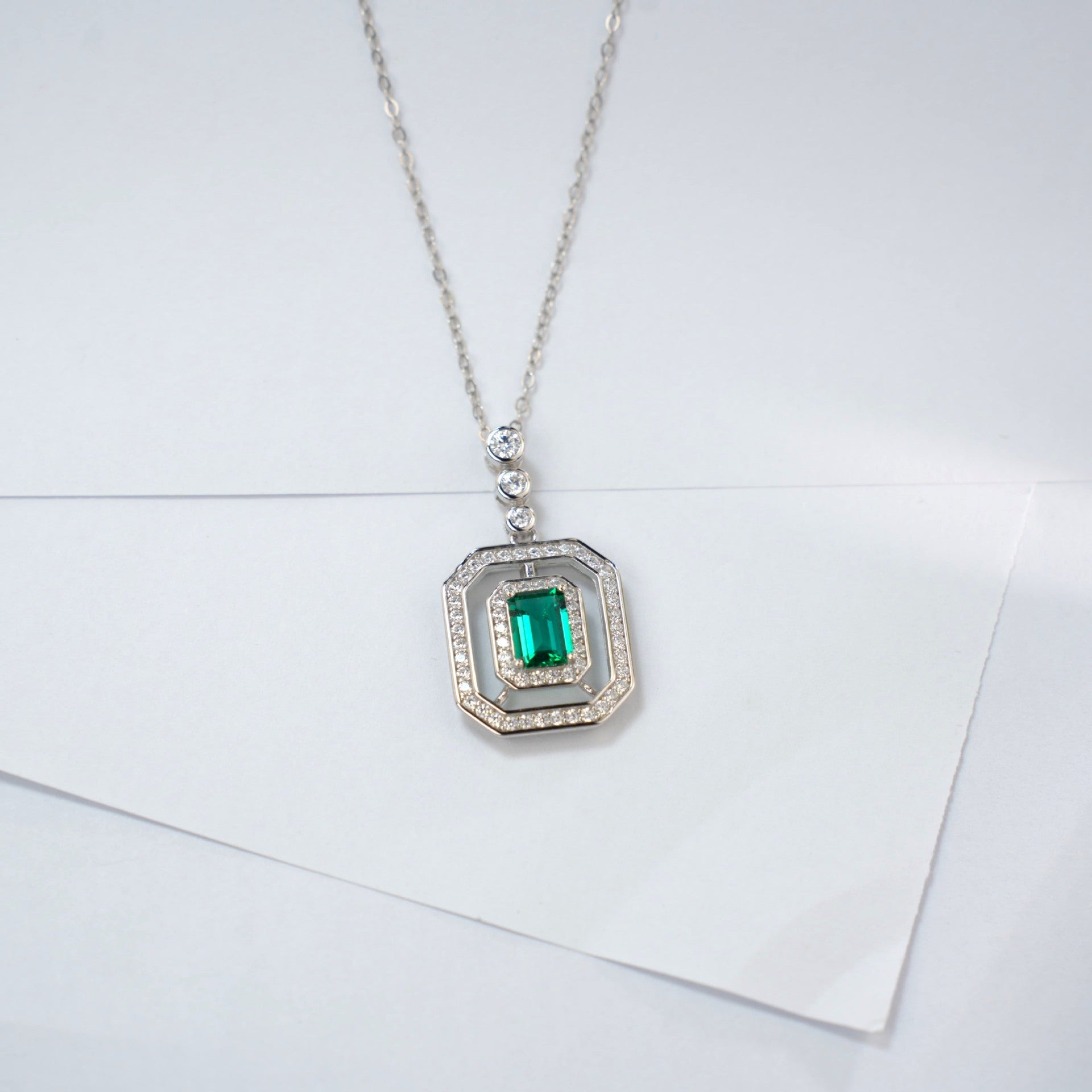 S925 Silver Lab Emerald Necklace Square Premium - Photo 4