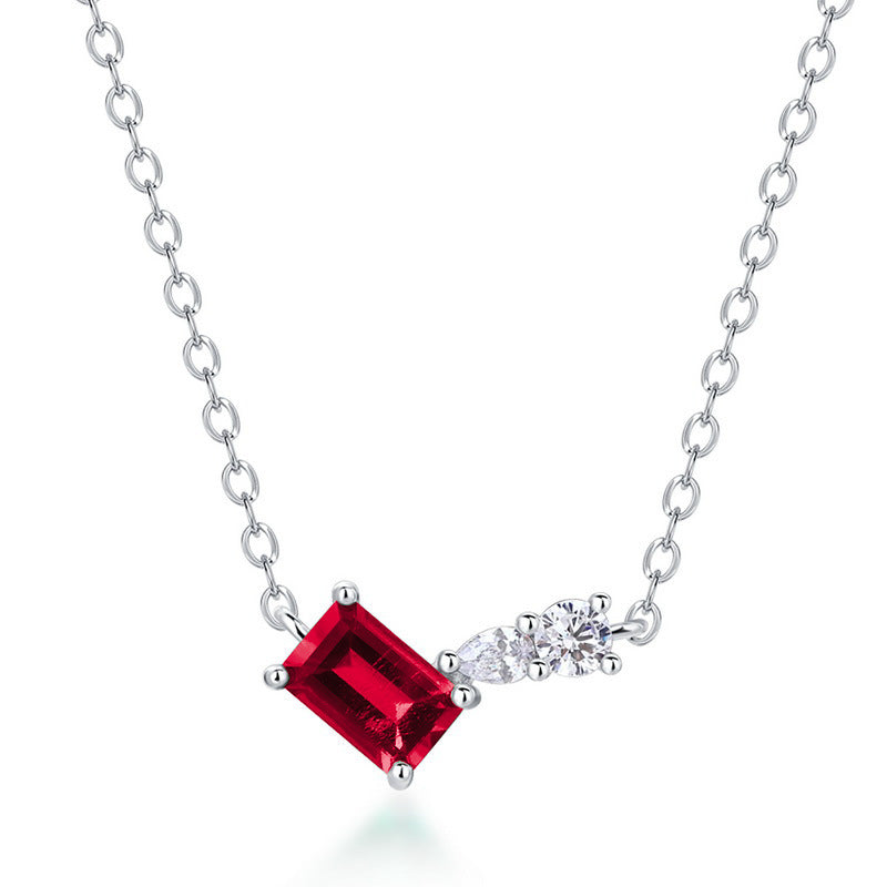 S925 Silver Pendant Pigeon Blood Ruby Necklace, Square Diamond Chain - Photo 1