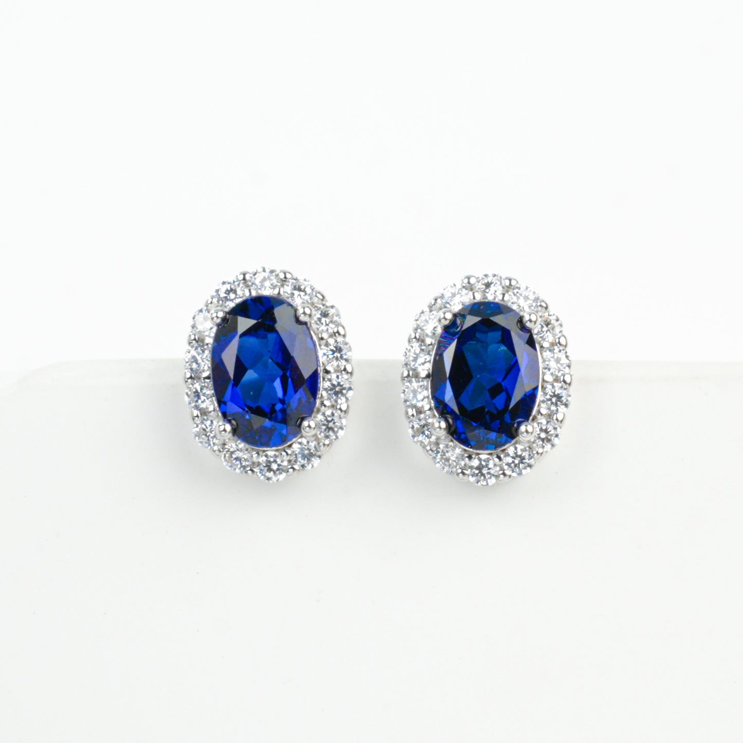 S925 Sterling Silver Oval Sapphire Stud Earrings, Full Diamond Halo - Photo 5
