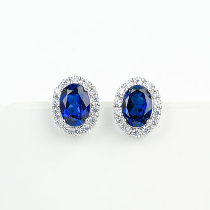 S925 Sterling Silver Oval Sapphire Stud Earrings, Full Diamond Halo - Photo 5